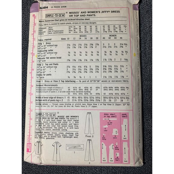 Simplicity Misses Dress Top Pants 70's Sewing Pattern sz 12 6384 - uncut - Picture 5 of 8